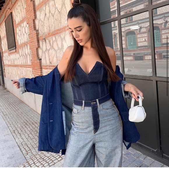 ZARA 2 PIECE ZW DENIM CORSET AND HIGH-WAISTED WIDE LEG LOOSE FIT JEANS - Picture 5 of 8